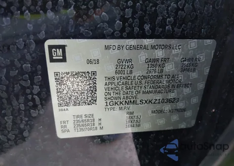 2019 GMC Acadia Slt-1 из США, поврежденный, VIN 1GKKNMLSXKZ103623